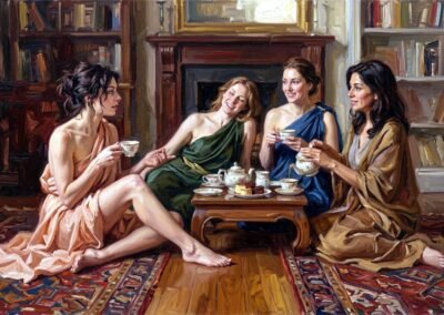 Une peinture avec quatre femmes qui prennent le thé. Tableau peint par l’artiste suisse valaisanne Valaine de Ranson, style néo folklorisme contemporain.