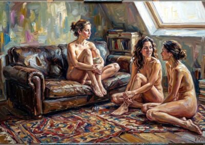 Peinture à l'huile de Valaine de Ranson, trois nus féminins en discussion dans un intérieur chaleureux, lumière de mansarde, style Néo-Folklorisme suisse.