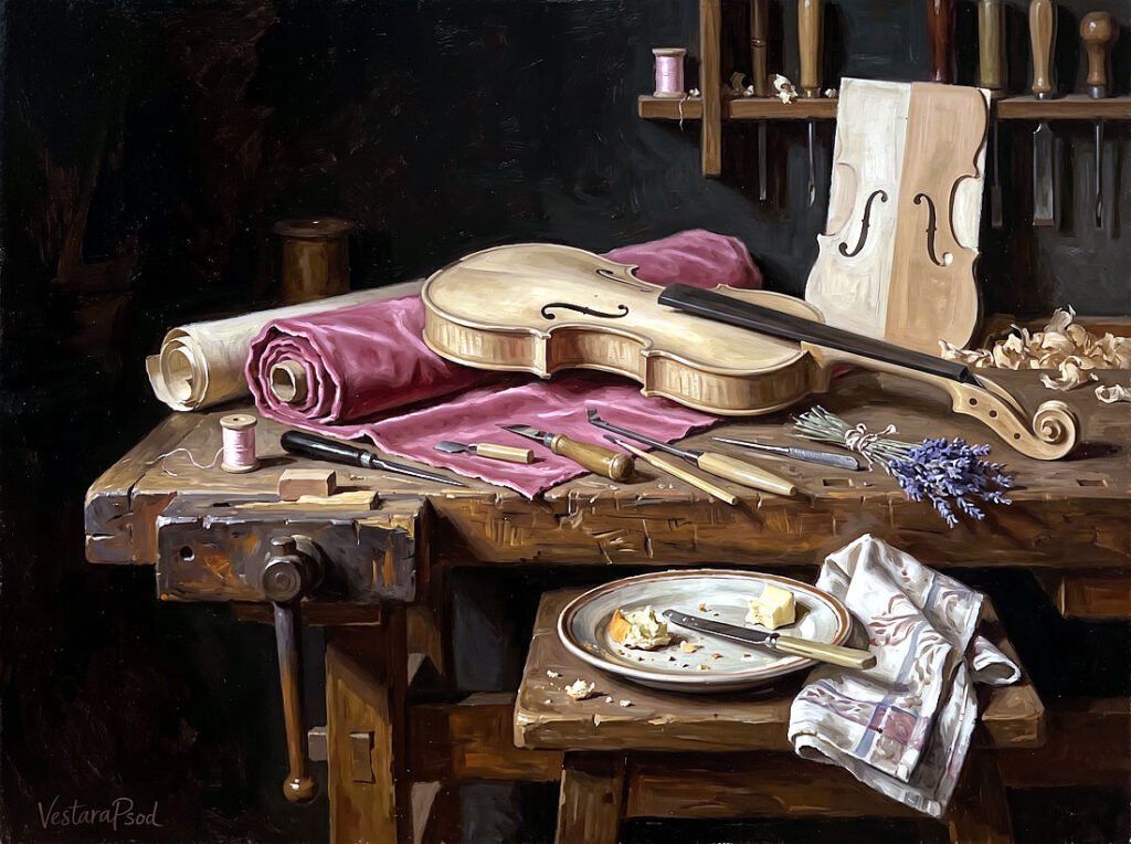 Vestara Psod : Nature morte réaliste d'un établi de luthier avec un violon en construction, des outils de précision et un reste de repas, symbolisant l'intimité de l'artiste.