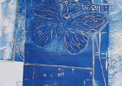 Blue Butterfly, monotype, par l’artiste Gisela Kentmann