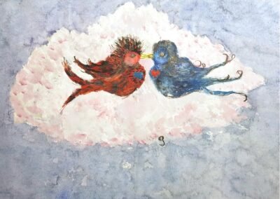 Lovebirds on cloud Nr.9, Mischtechnik , par l’artiste Gisela Kentmann