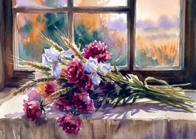 Aquarelle lumineuse d'un bouquet de pivoines, iris et blé par l'artiste Elara Schnider