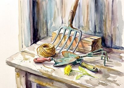 Croquis à l'aquarelle représentant des outils de jardinage et une fleur de pissenlit par Elara Schnider