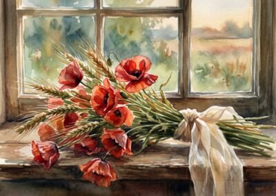 Aquarelle d'un bouquet champêtre de coquelicots rouges et d'épis de blé par Elara Schnider