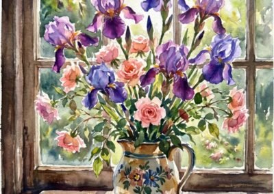 Aquarelle d'un pichet de faïence avec des iris violets et des roses roses par Elara Schnider