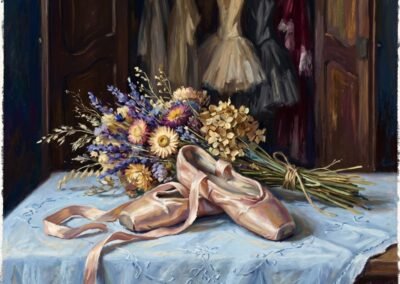Pastel gras représentant des chaussons de danse en satin et un bouquet de fleurs séchées par Elara Schnider