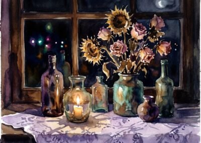 Aquarelle nocturne d'une nature morte avec bougie, flacons de verre et fleurs séchées par Elara Schnider