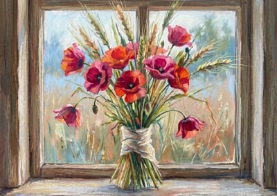 quarelle texturée d'un bouquet de coquelicots rouges et d'épis de blé lié par un ruban blanc par Elara Schnider