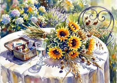 Aquarelle d'une scène de jardin avec bouquet de tournesols, verre d'eau et boîte à couture par Elara Schnider
