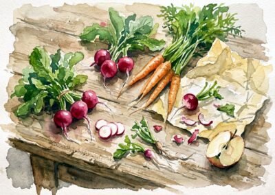 Aquarelle de légumes frais du potager avec des radis, des carottes et une pomme coupée par Elara Schnider