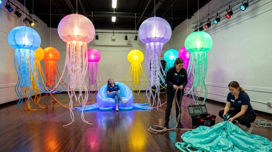 Détail du montage de l’œuvre « Eintauchen für andere Farben ». Un travail d'artisanat minutieux où chaque méduse diffuse une lumière LED unique pour symboliser la gélification des océans.