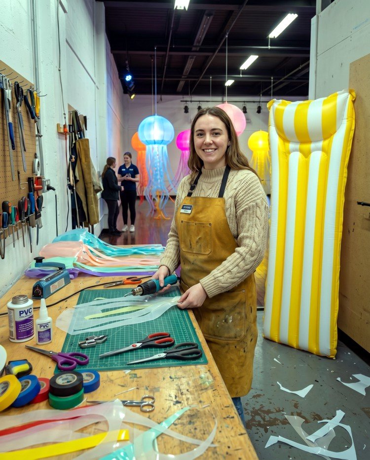 Portrait de l'artiste Mia Sulzbach dans son atelier en bavière pour l'exposition Eintauchen für andere Farben.