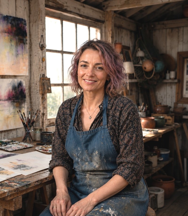 L'artiste peintre E Popeia pose pour la photo pour sa page d'exposition dans la galerie d'art Les Koronin
