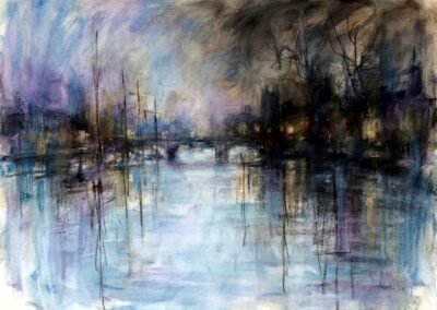 Aquarelle, pastel et crayon sur papier d'un pont au crépuscule par l'artiste E Popeia Galerie d'art en ligne Koronin
