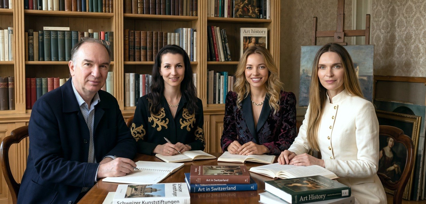 Photographie du portrait de groupe de l'équipe de la Galerie d'art en ligne Koronin dans une bibliothèque, à Chur, en Suisse.