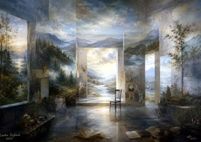 Œuvre numérique de Lenka Sojkaia représentant une architecture en ruine ouverte sur des paysages alpins avec une chaise vide au centre.
