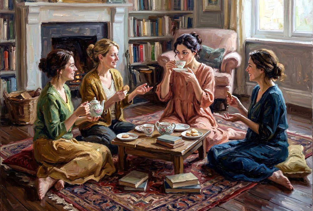 Virtuelle Kunstausstellung August 2026 - Galerie Koronin. Huile sur toile de Valaine de Ranson montrant quatre femmes partageant le thé et discutant dans une bibliothèque chaleureuse.