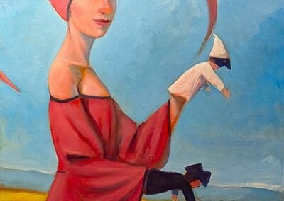 Peinture à l'huile d'un personnage en robe rouge et bonnet à cornes tenant une marionnette de Polichinelle par Claudio Giulianelli