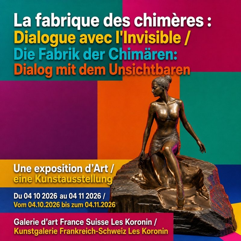 affiche-la-fabrique-des-chimeres-neo-folklorisme-contemporain-galerie-les-koronin Affiche par IA de l'exposition la fabrique aux chimères pour la galerie Koronin.