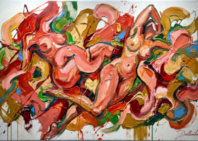 Peinture contemporaine expressive d'Anja Dallenbach aux tons rouges et ocres figurant des corps entrelacés, Galerie Koronin.