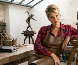 Portrait d'Ayla Woss, sculptrice en tablier de cuir dans son atelier d'art, exposée à la Galerie Koronin.