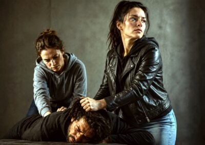 Photographie d'art dramatique représentant deux femmes immobilisant un homme au sol, réinterprétation moderne du mythe de Judith et Holopherne par Artemisia Gentileschi.