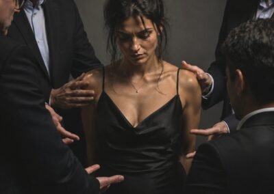 Photographie d'art montrant une femme au centre en nuisette noire, la tête baissée, étouffée et encerclée par les mains et les regards évaluatifs d'hommes en costume sombre.