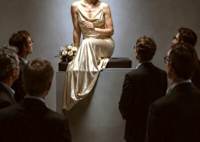 Photographie d'art montrant une femme mélancolique en robe de satin doré assise sur un haut piédestal, entourée d'hommes en costume qui la contemplent comme une statue.