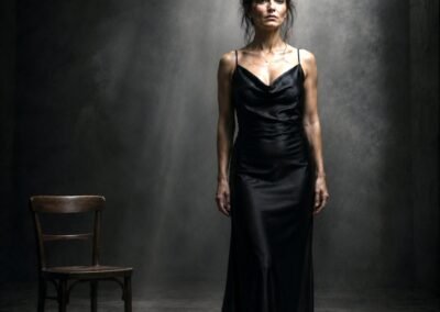 Photographie d'art montrant une femme debout en longue robe noire, fixant le spectateur avec détermination à côté d'une chaise vide sous un faisceau de lumière dans un décor théâtral sombre.