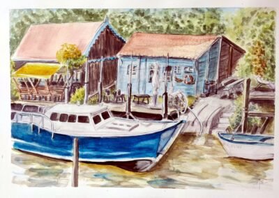 Aquarelle avec réhauts de crayon représentant des cabanes ostréicoles et un bateau à La Tremblade par Isabelle Morin