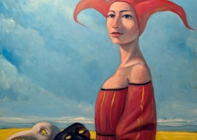 Peinture symboliste représentant une femme en robe rouge et coiffe à pointes, tenant un panier rempli de masques vénitiens (noir, blanc à long nez), dans un champ jaune sous un ciel bleu nuageux.