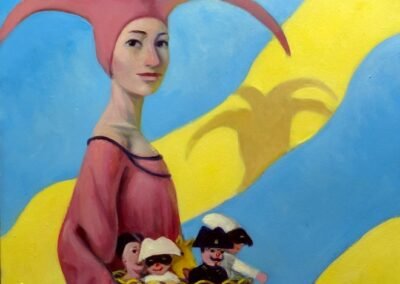 Peinture symboliste d'une femme en robe rose avec coiffe à pointes, portant un panier de petites marionnettes (carabinier, arlequin, pierrot) devant des rubans jaunes et un fond bleu.