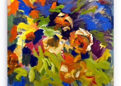 Peinture acrylique abstraite vibrante aux nuances de jaune, orange et bleu par Tamhuy, exposée par la galerie d'art.