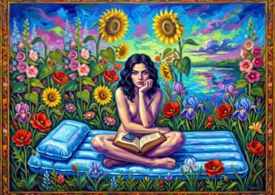 Peinture acrylique d'un nu féminin assis au centre d'un jardin luxuriant et coloré par Tupsa.