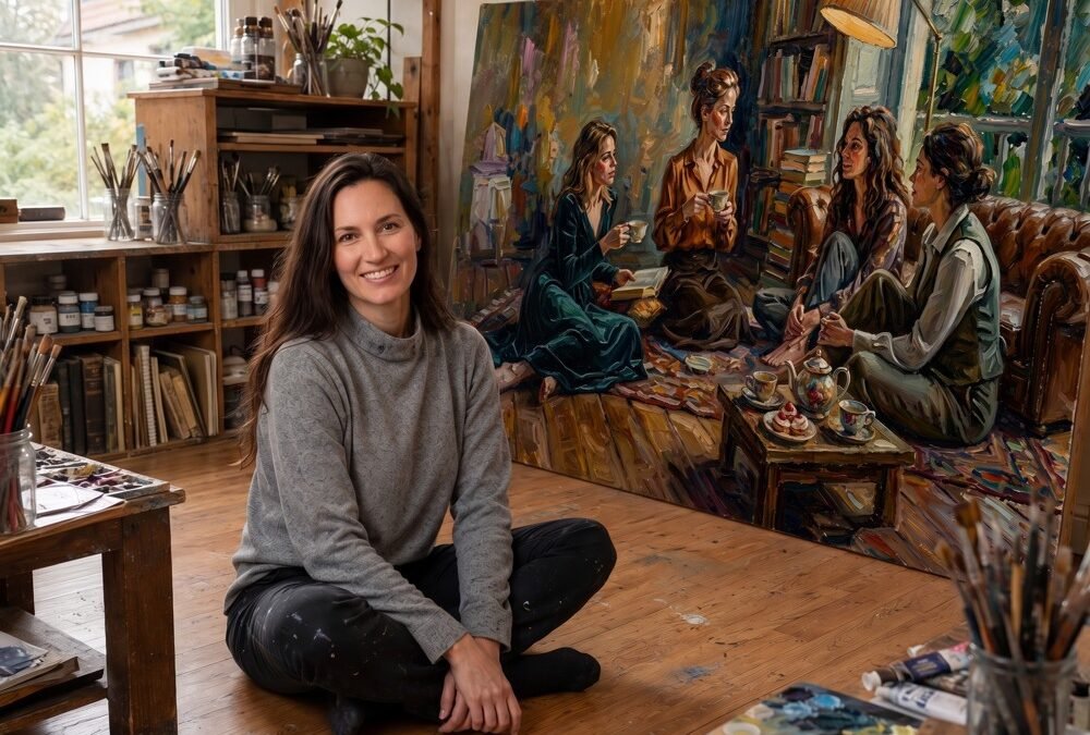 Portrait de l'artiste peintre suisse romande Valaine de Ranson assise dans son atelier à Lausanne devant une œuvre monumentale, Galerie Koronin.