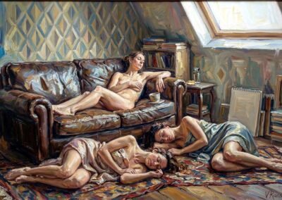 Peinture figurative de Valaine de Ranson représentant trois femmes au repos dans une mansarde, Galerie Koronin. L'art de dire non.