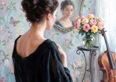 Peinture à l'huile de Vestara Psod représentant une femme devant un miroir avec un violoncelle
