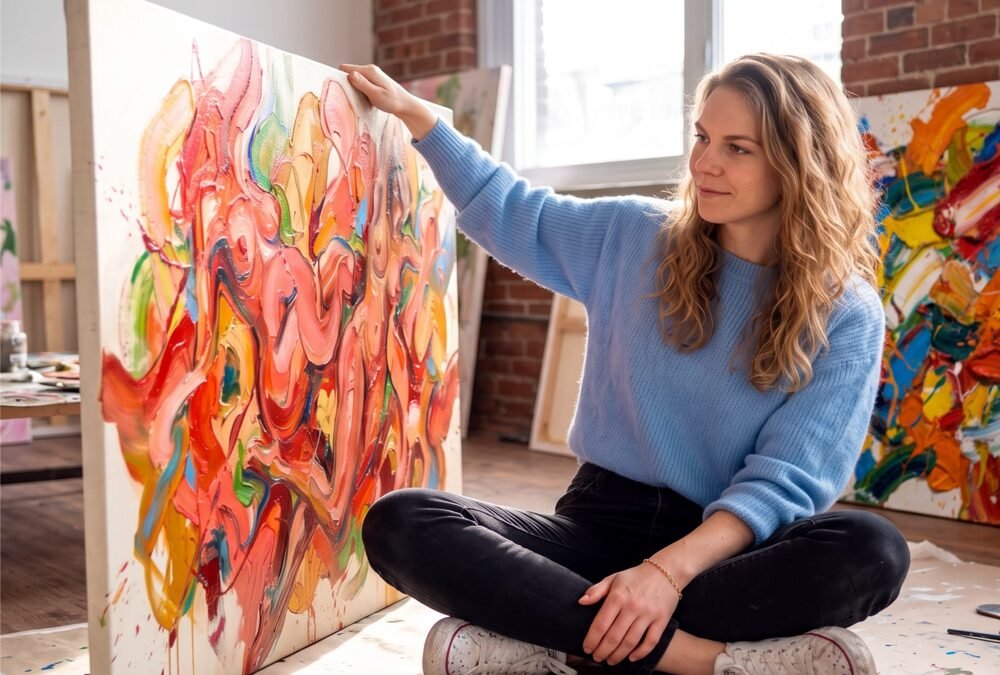 L'artiste Anja Dallenbach assise dans son atelier, admirant une grande toile colorée aux textures abstraites. Photo qui sert de une éditoriale pour la galerie d'art Koronin.