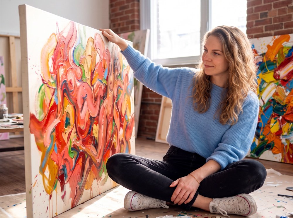 L'artiste Anja Dallenbach assise dans son atelier, admirant une grande toile colorée aux textures abstraites. Photo qui sert de une éditoriale pour la galerie d'art Koronin.